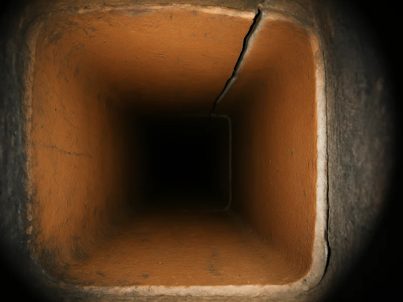 Cracked clay tile liner photographed by camera inside a flue