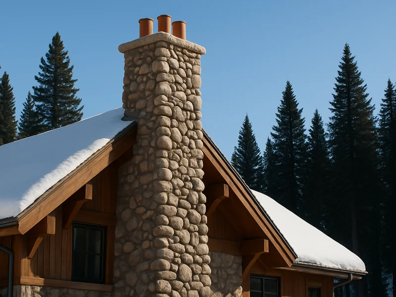 Large stone chimney with multiple flues on a Whitefish home