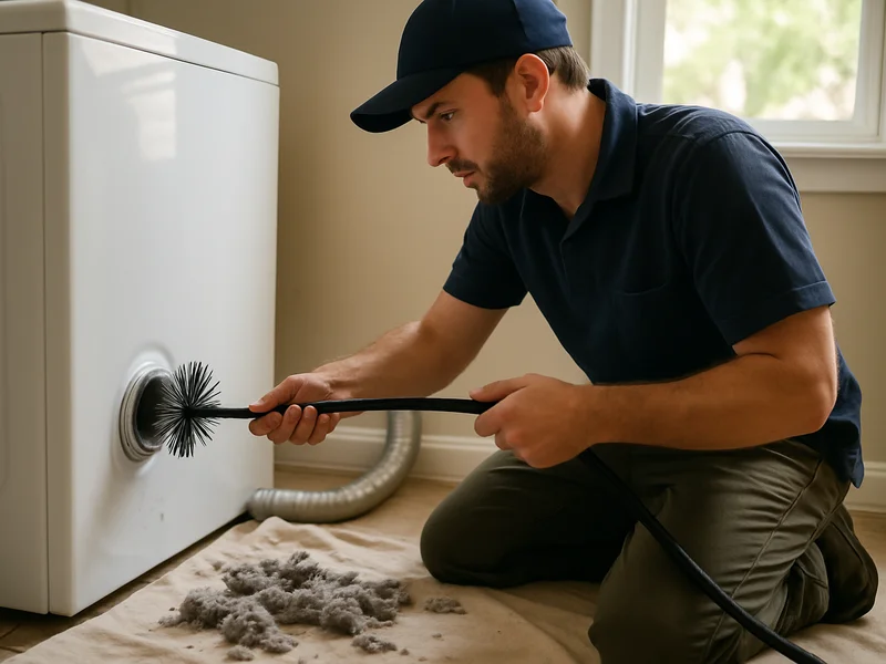 Rotary brush being fed into a dryer vent duct